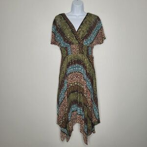 Green brown grunge fairy handkerchief hem woodys artsy quirky midi dress size 4